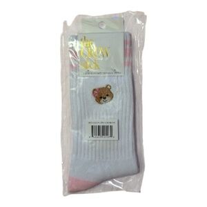 Cute Bear Embroidered Socks - White and Pink